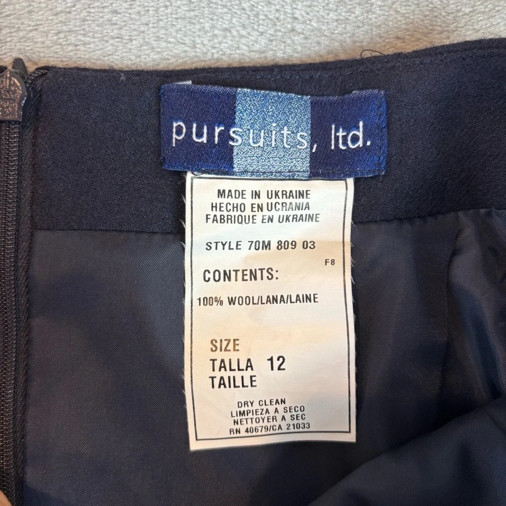 Pursuits Ltd 100% Wool Navy Midi Pencil Skirt Sz 12 Lined Classic Career